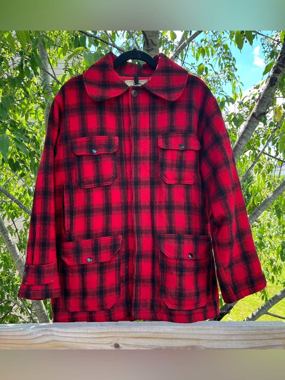 Vintage Woolrich Mackinaw 523 Red Buffalo Plaid Wool Hunting Coat Size 42
